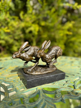 Sculpture Lièvres Porte-Bonheur 15cm Bronze