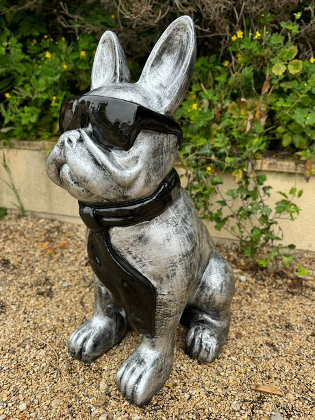 Statue Chien Bouledogue Francais Prestige Sculpture - 120cm - Argent